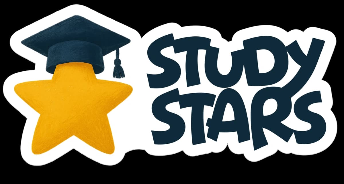 StudyStars: a yellow star wearing a navy graduation cap, next to the hand-painted STUDY STARS wordmark.